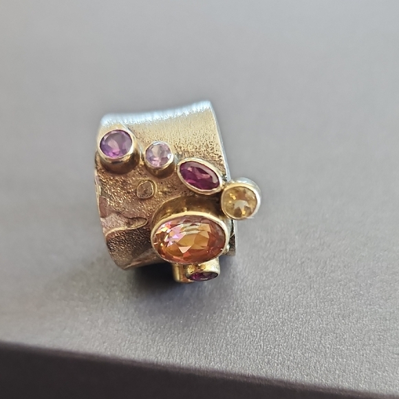 Artisan Silver and Gold Ring with Gemstones - Picture 2 of 4